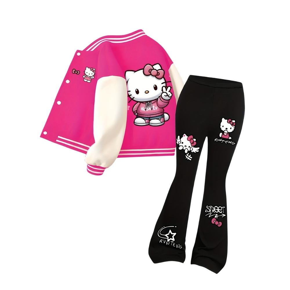 Hello Kitty Graphic Print Baseball Jacket And Flared Pants Set For Girls