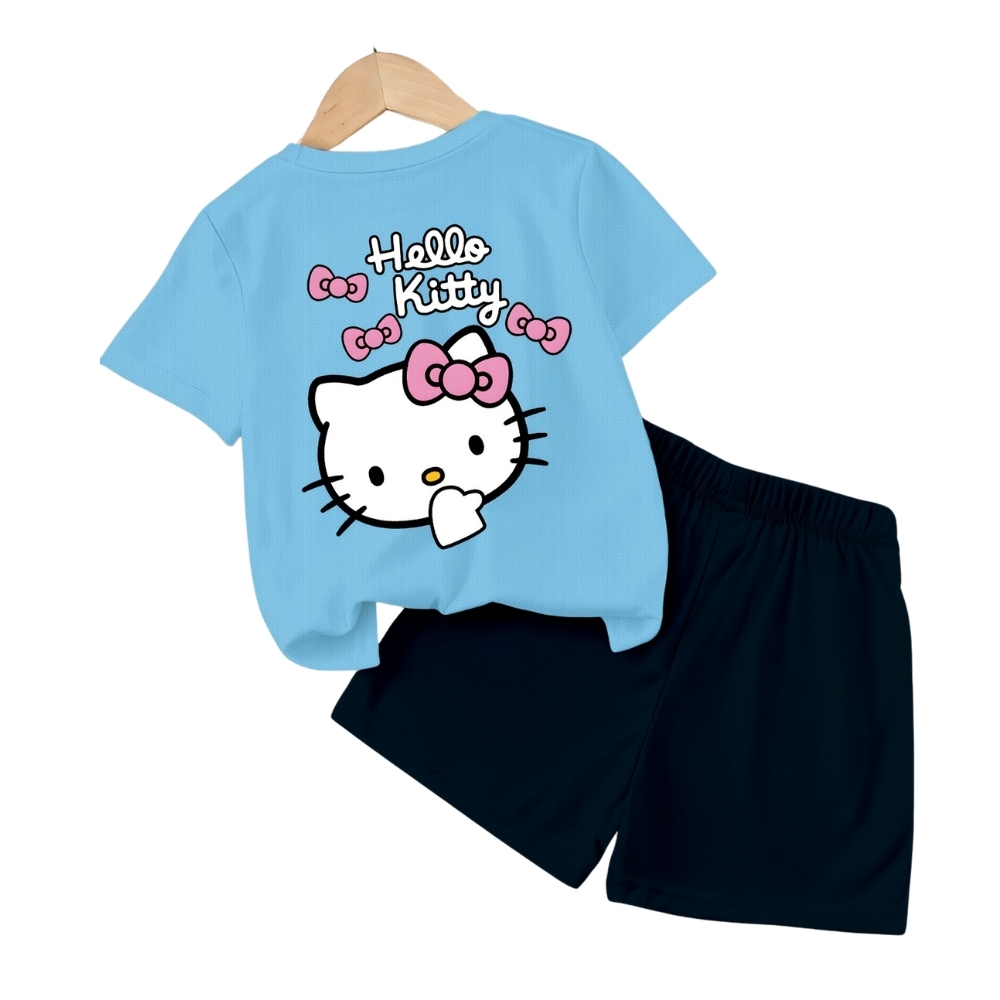Hello Kitty Graphic Print Mesh T Shirt And Shorts 2 Piece Set For Girls