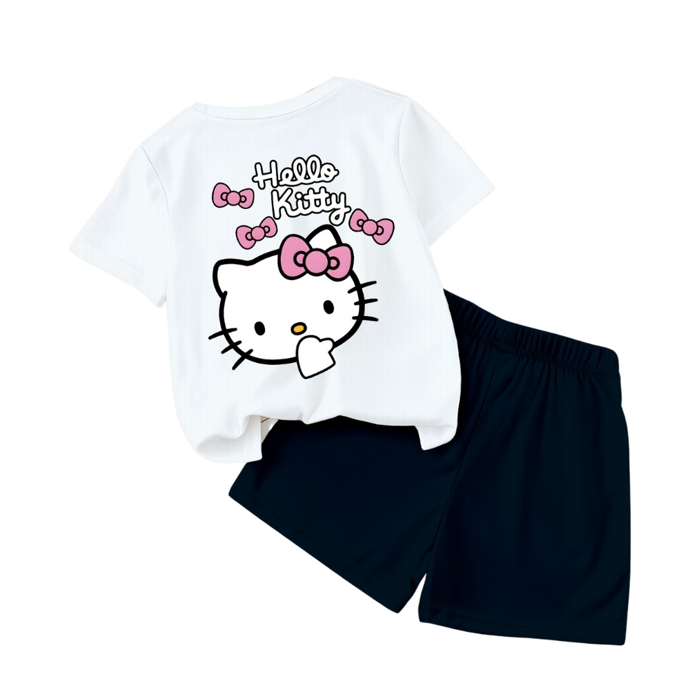 Hello Kitty Graphic Print Mesh T Shirt And Shorts 2 Piece Set For Girls