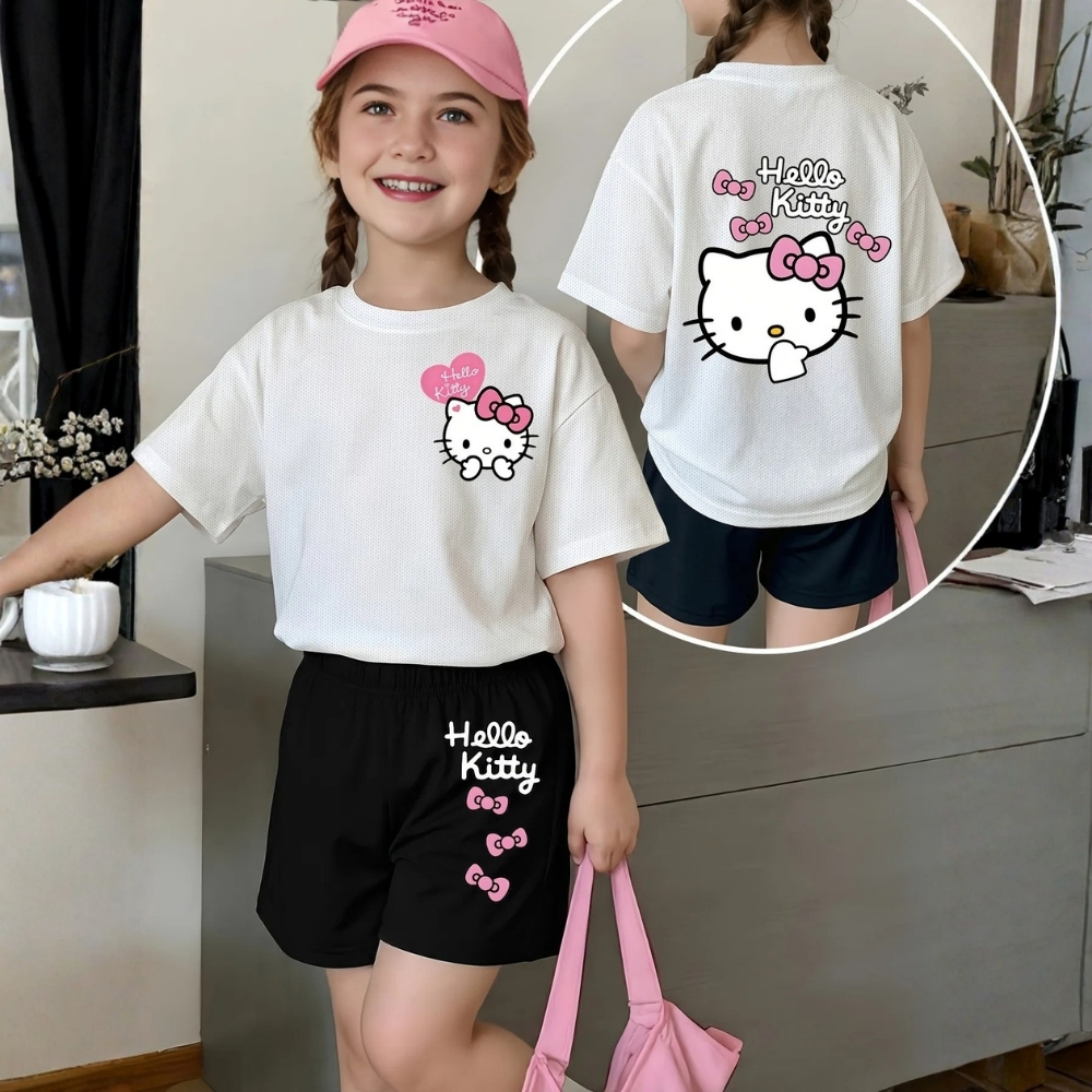 Hello Kitty Graphic Print Mesh T Shirt And Shorts 2 Piece Set For Girls