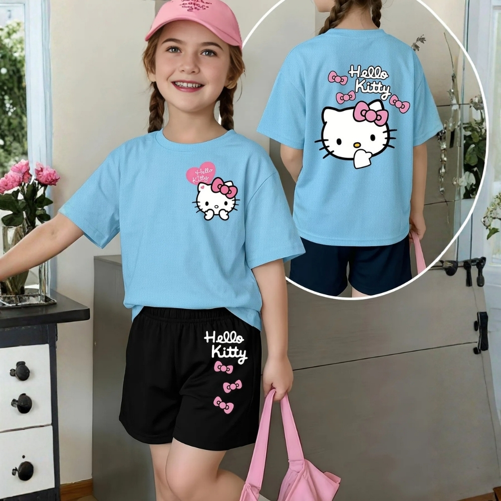 Hello Kitty Graphic Print Mesh T Shirt And Shorts 2 Piece Set For Girls