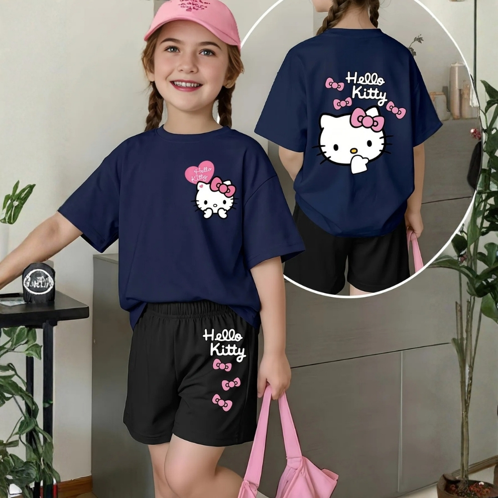Hello Kitty Graphic Print Mesh T Shirt And Shorts 2 Piece Set For Girls