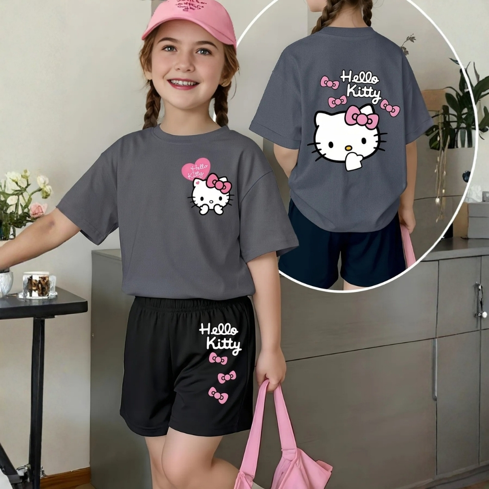 Hello Kitty Graphic Print Mesh T Shirt And Shorts 2 Piece Set For Girls