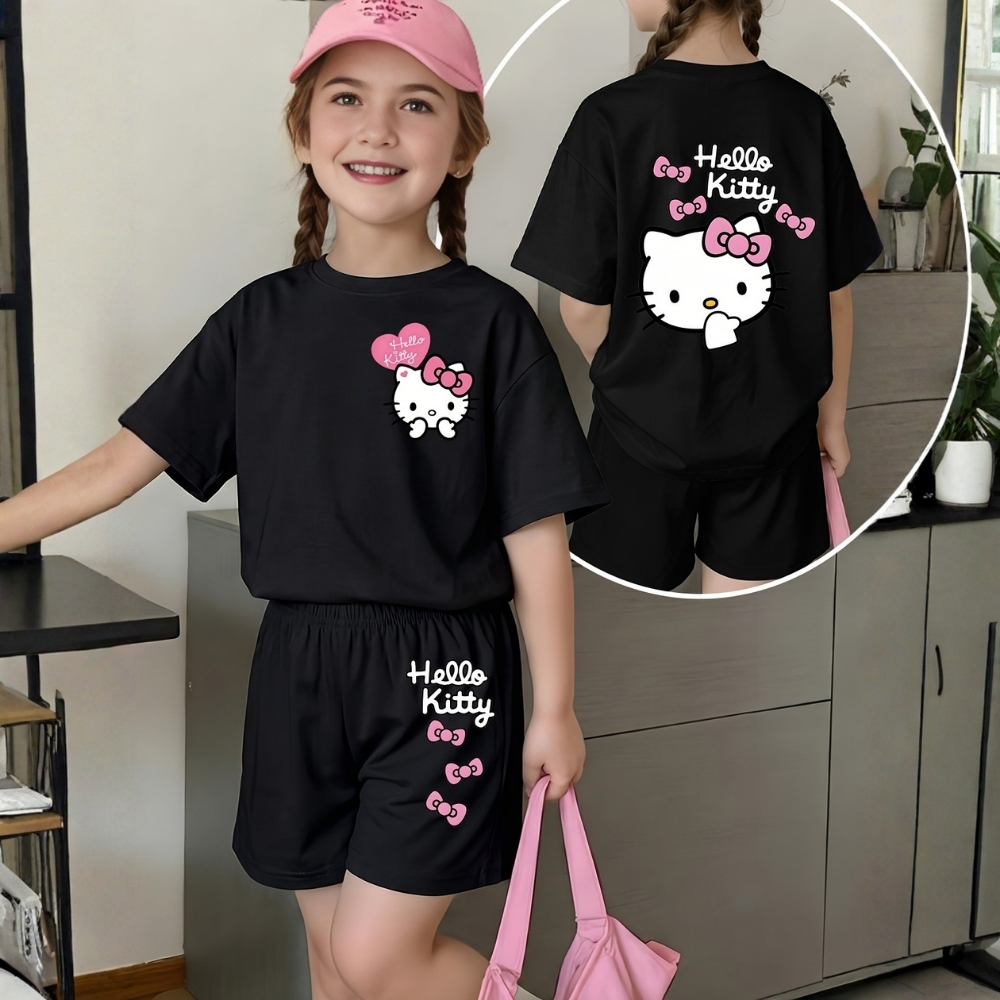 Hello Kitty Graphic Print Mesh T Shirt And Shorts 2 Piece Set For Girls