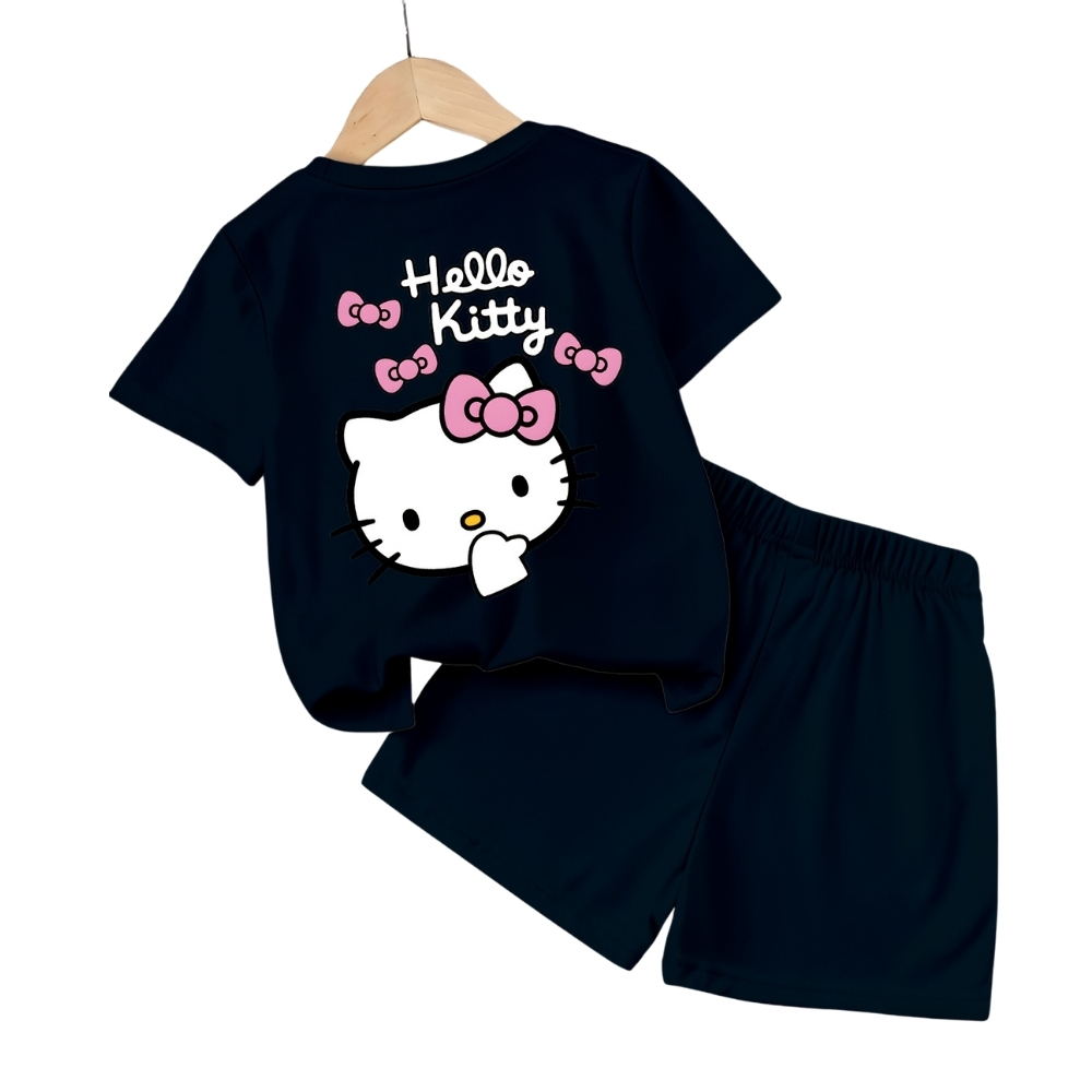 Hello Kitty Graphic Print Mesh T Shirt And Shorts 2 Piece Set For Girls