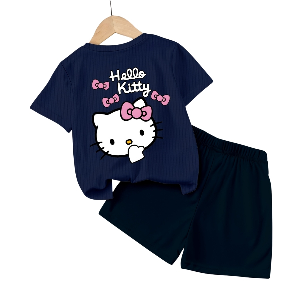 Hello Kitty Graphic Print Mesh T Shirt And Shorts 2 Piece Set For Girls