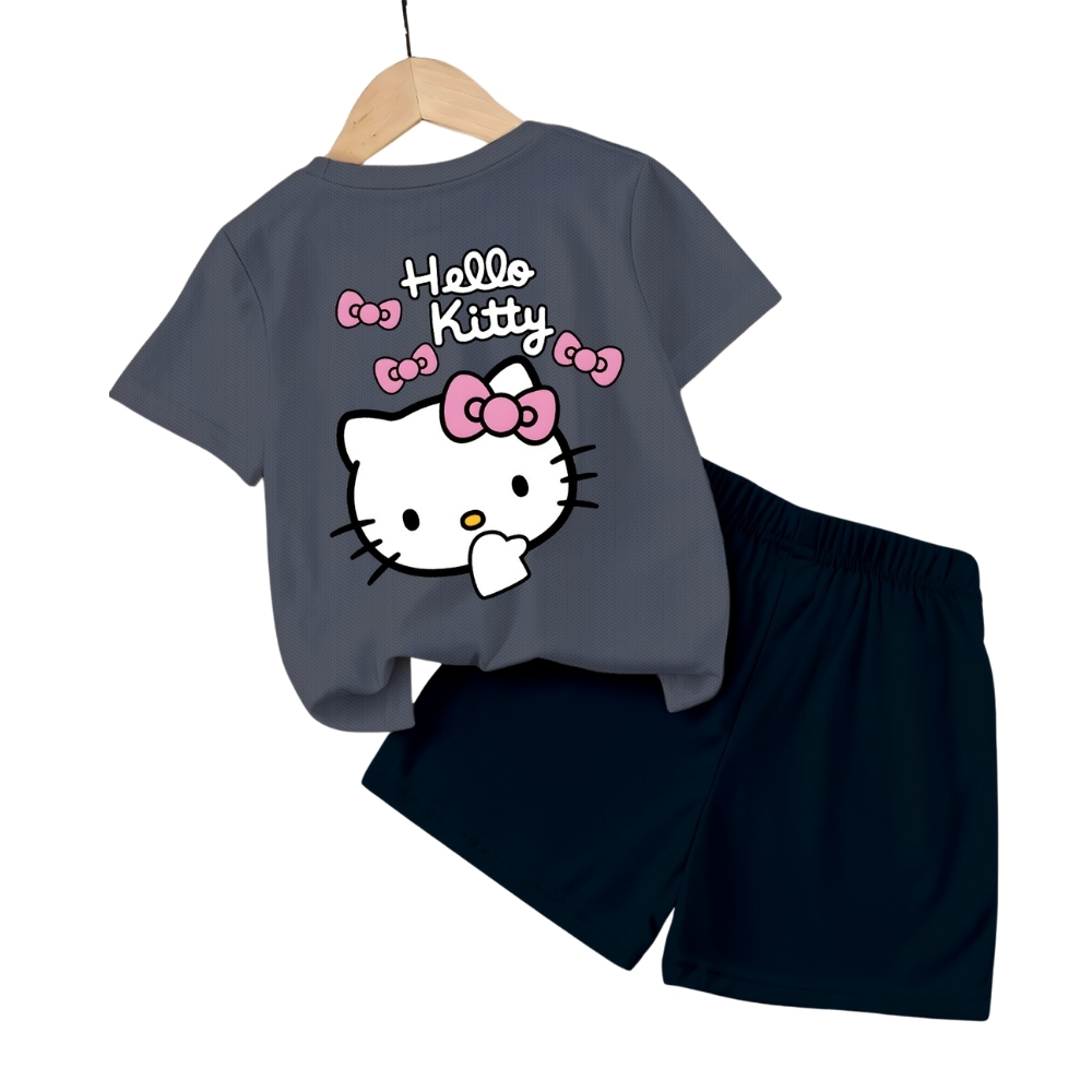 Hello Kitty Graphic Print Mesh T Shirt And Shorts 2 Piece Set For Girls