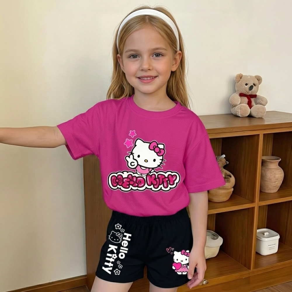 Hello Kitty Graphic Themed Mesh T Shirt And Shorts Set For Girls