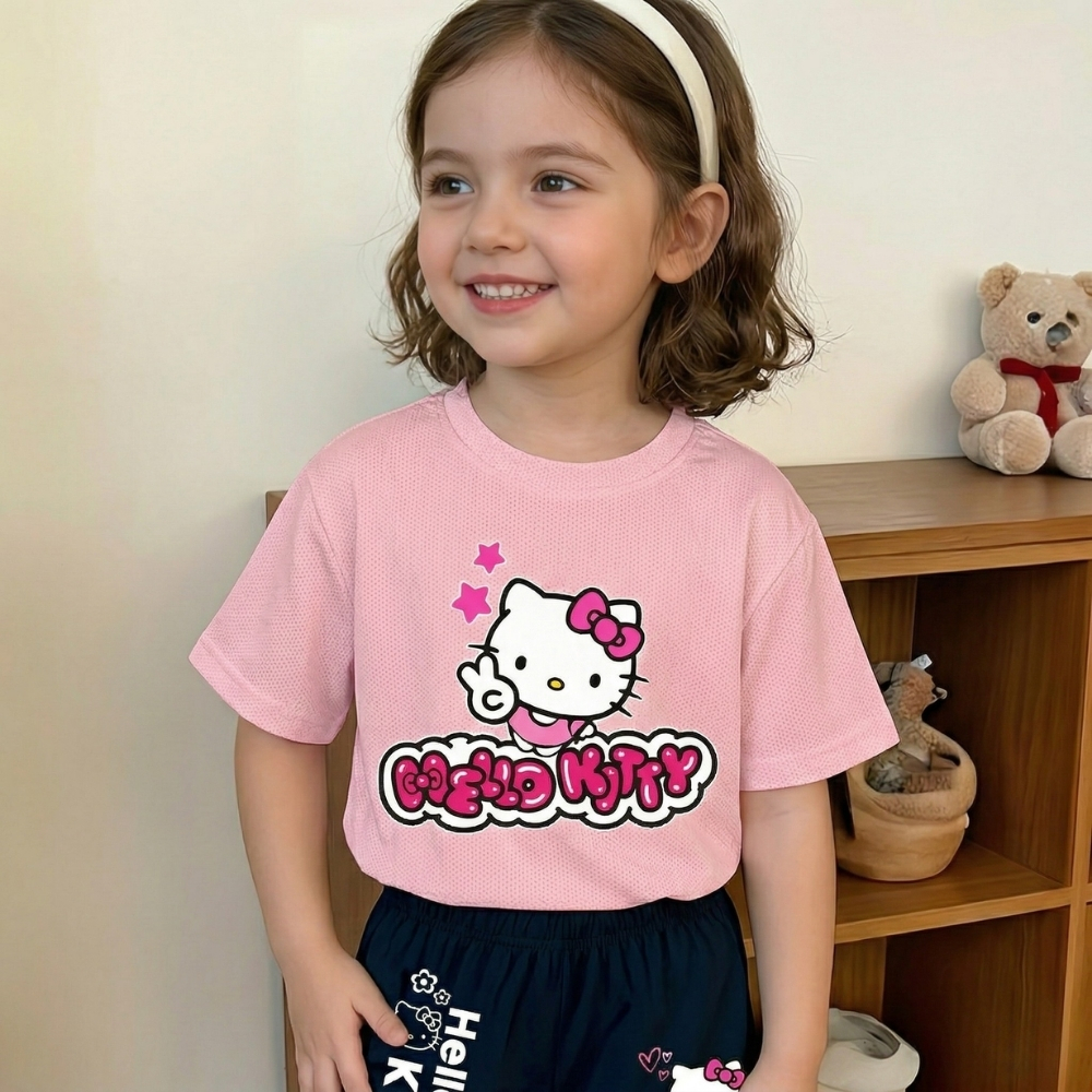 Hello Kitty Graphic Themed Mesh T Shirt And Shorts Set For Girls