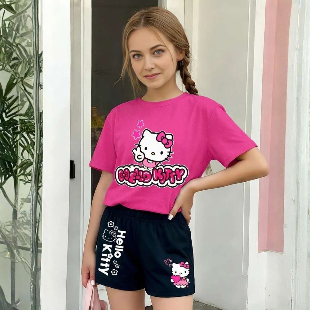 Hello Kitty Graphic Themed Mesh T Shirt And Shorts Set For Girls