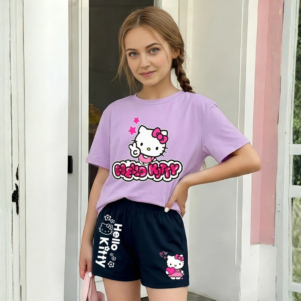 Hello Kitty Graphic Themed Mesh T Shirt And Shorts Set For Girls