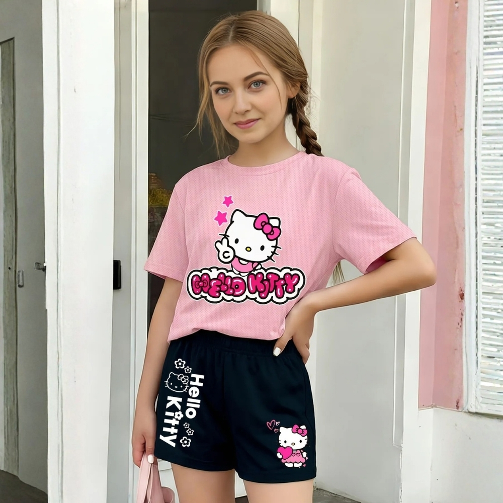 Hello Kitty Graphic Themed Mesh T Shirt And Shorts Set For Girls