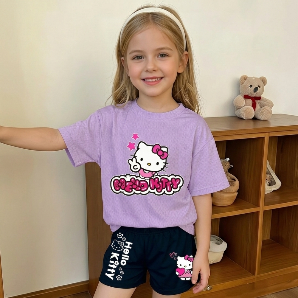Hello Kitty Graphic Themed Mesh T Shirt And Shorts Set For Girls