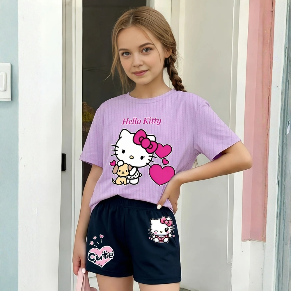 Hello Kitty Print Mesh T Shirt And Shorts Casual Outfit Set For Girls