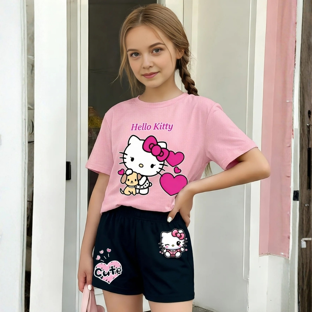 Hello Kitty Print Mesh T Shirt And Shorts Casual Outfit Set For Girls