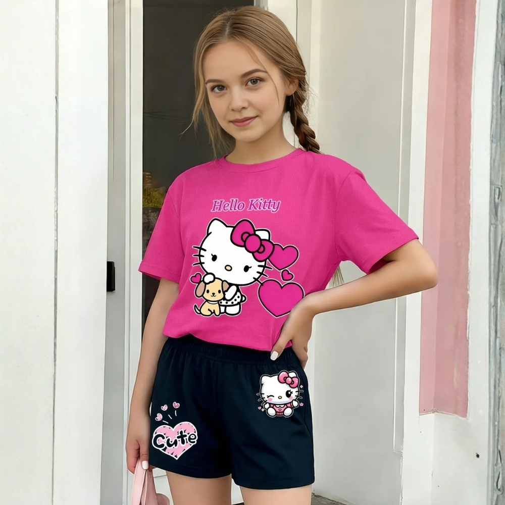 Hello Kitty Print Mesh T Shirt And Shorts Casual Outfit Set For Girls