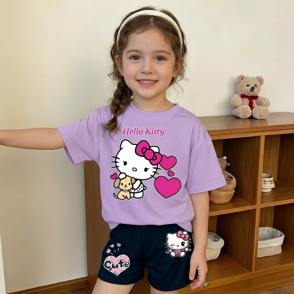 Hello Kitty Print Mesh T Shirt And Shorts Casual Outfit Set For Girls