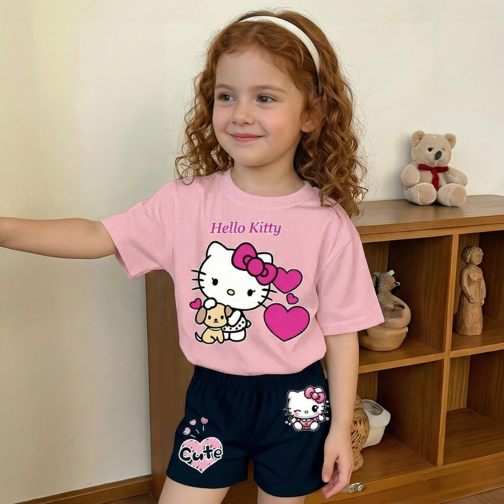Hello Kitty Print Mesh T Shirt And Shorts Casual Outfit Set For Girls