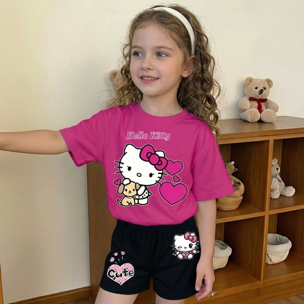 Hello Kitty Print Mesh T Shirt And Shorts Casual Outfit Set For Girls