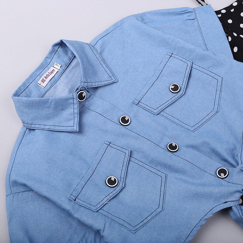 Short-Sleeved Denim Jacket And Polka Dot Suspender Skirt Set-Children Cloth Shop
