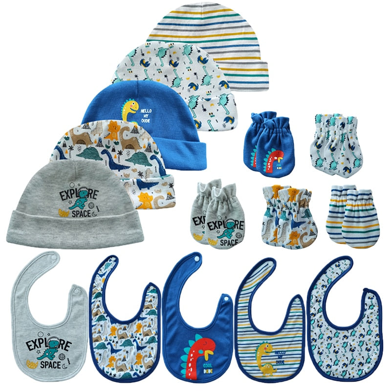 3Pcs Unisex Baby Cartoon Print Hat, Glove And Bibs Set-Children Cloth Shop