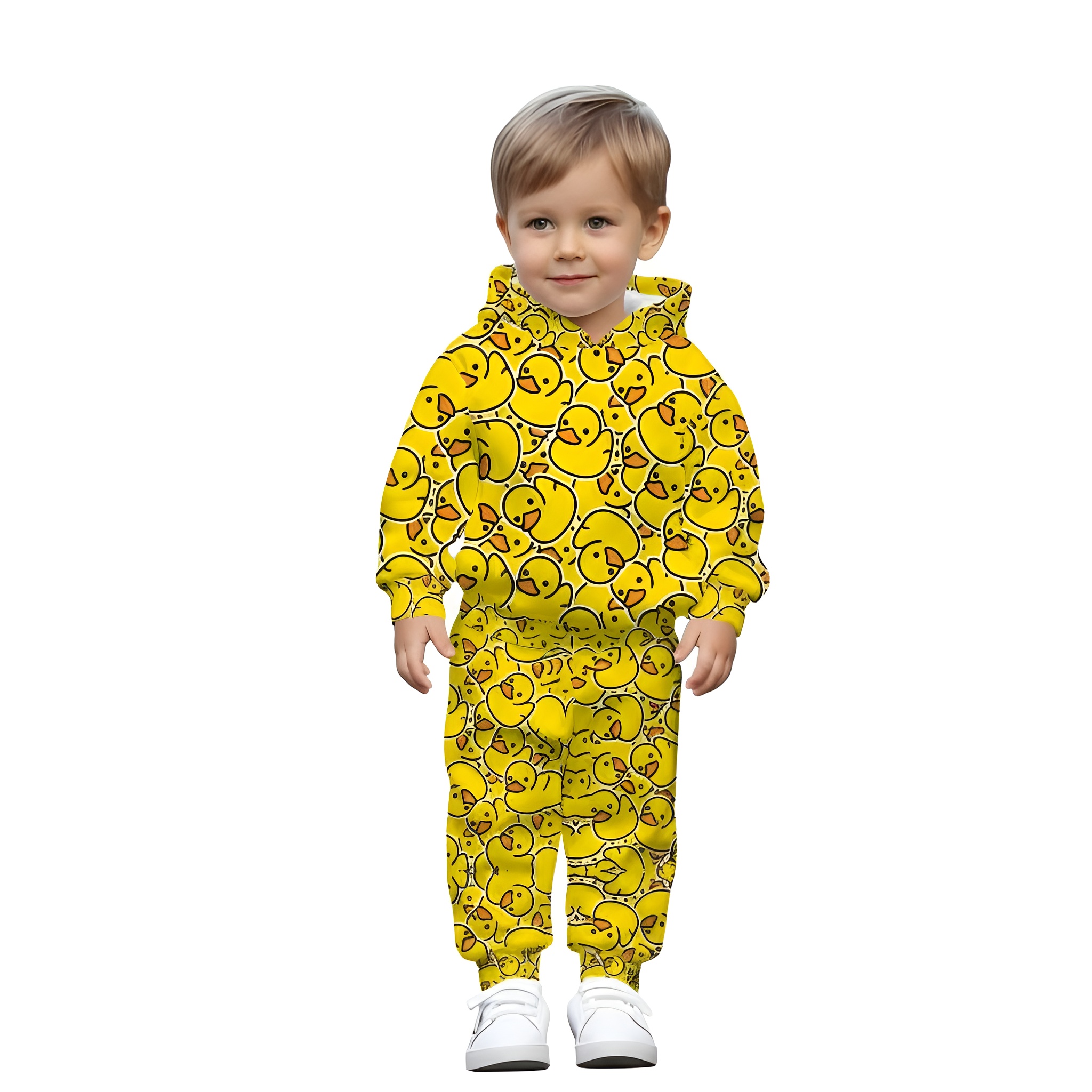 Hooded Sweatsuit Set With Duck Print Romper And Matching Pants For Boys