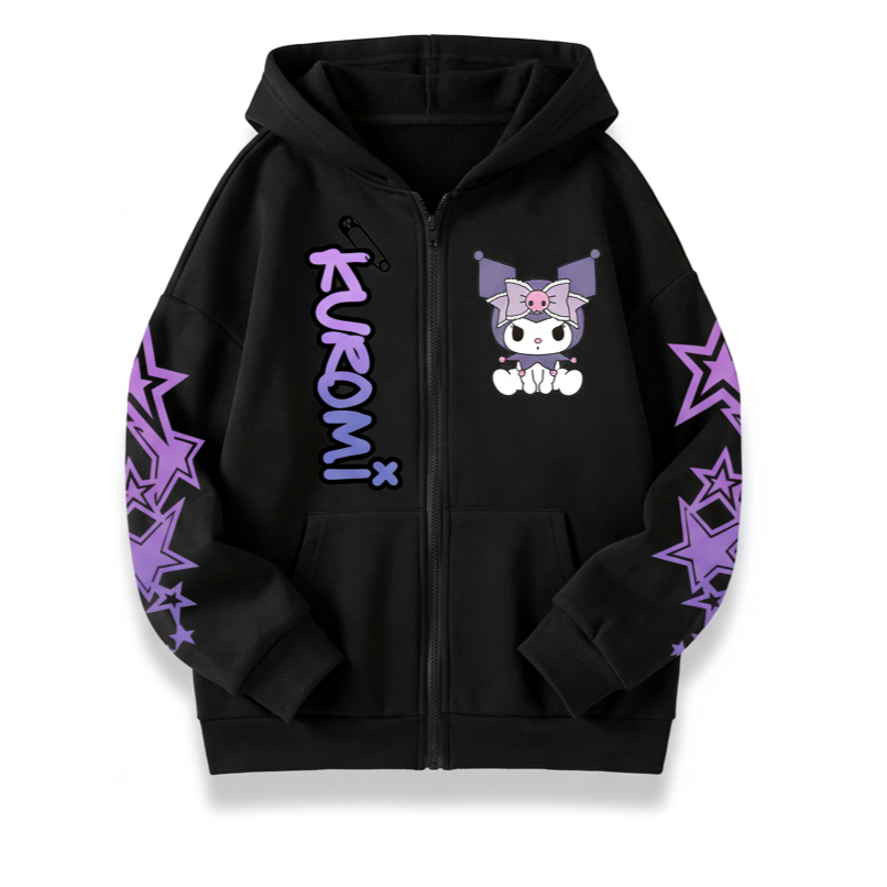 Kuromi Cartoon Graphic Print Hooded Sweatshirt For Girls Winter Wear