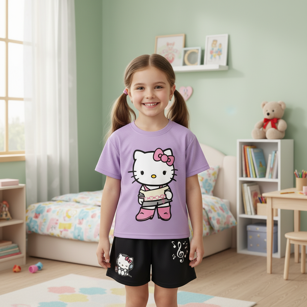 Hello Kitty Graphic Themed Mesh T Shirt And Shorts Outfit Set For Girls