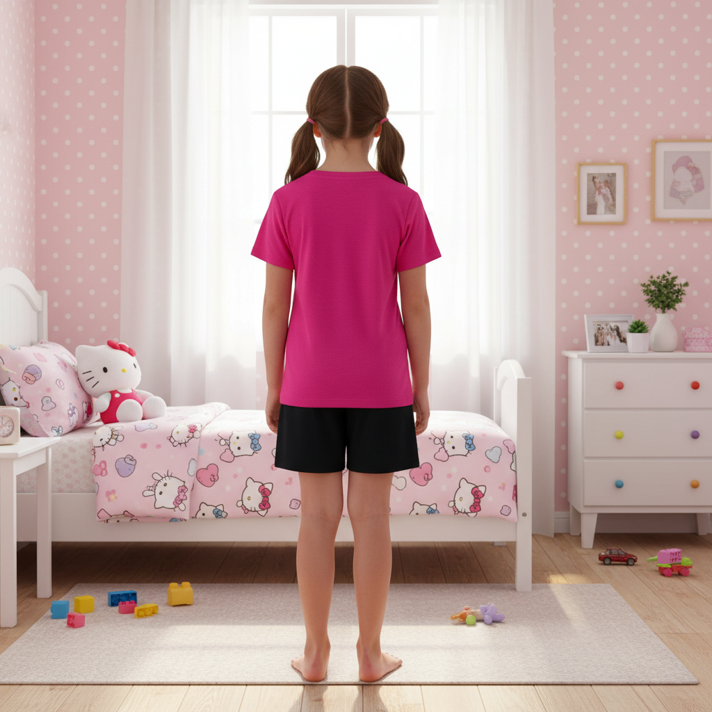Hello Kitty Graphic Themed Mesh T Shirt And Shorts Outfit Set For Girls