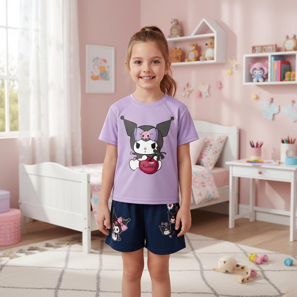 Kuromi Graphic Themed Mesh T Shirt And Shorts Set For Girls