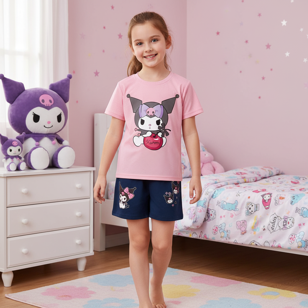 Kuromi Graphic Themed Mesh T Shirt And Shorts Set For Girls