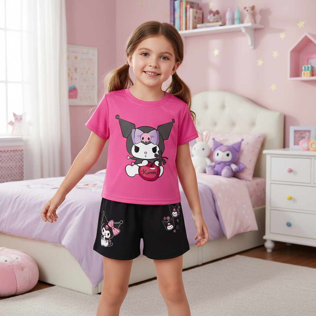 Kuromi Graphic Themed Mesh T Shirt And Shorts Set For Girls