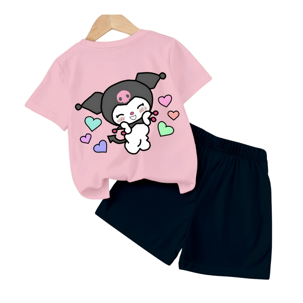 Kuromi Graphic Double Side Printed T Shirt And Shorts Outfit Set For Girls
