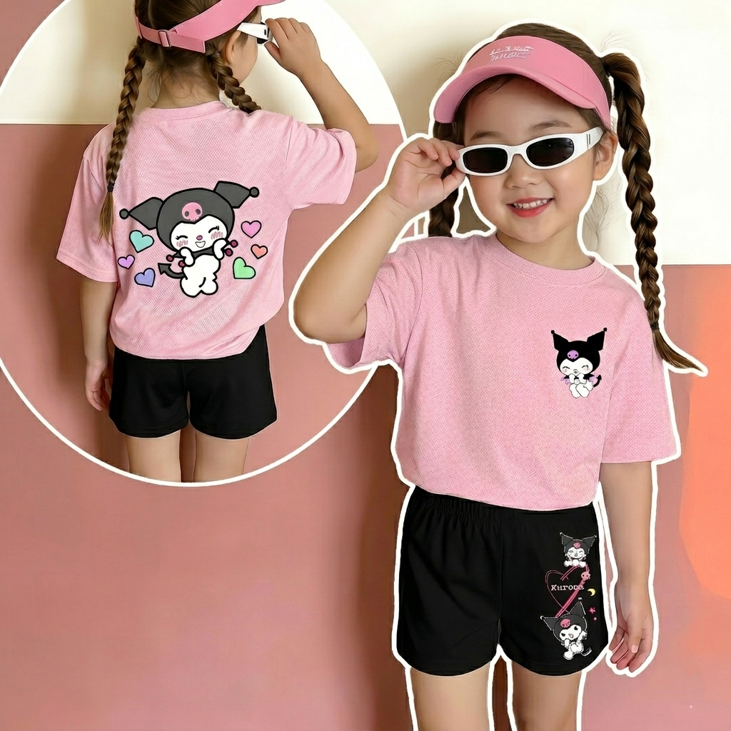 Kuromi Graphic Double Side Printed T Shirt And Shorts Outfit Set For Girls