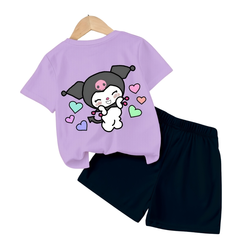 Kuromi Graphic Double Side Printed T Shirt And Shorts Outfit Set For Girls