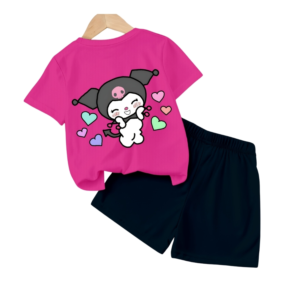 Kuromi Graphic Double Side Printed T Shirt And Shorts Outfit Set For Girls