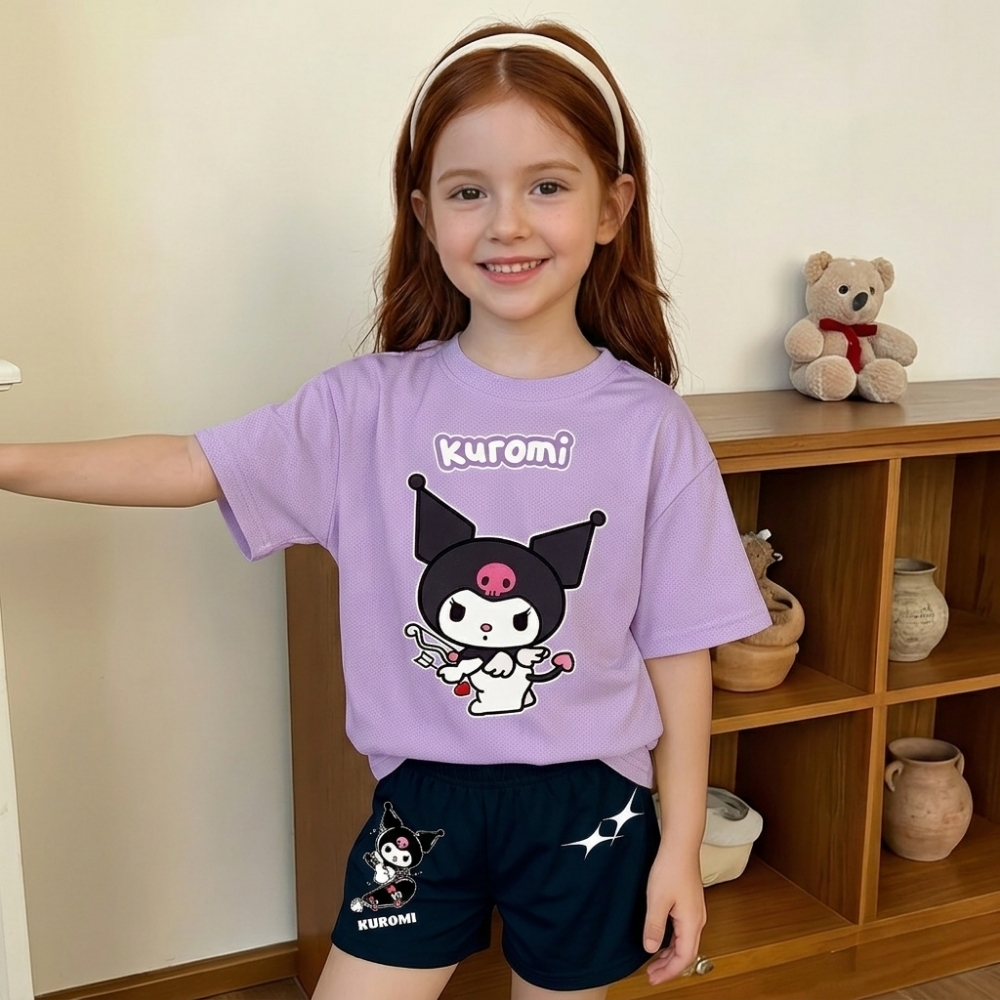 Kuromi Graphic Print T Shirt And Shorts Outfit Set For Girls
