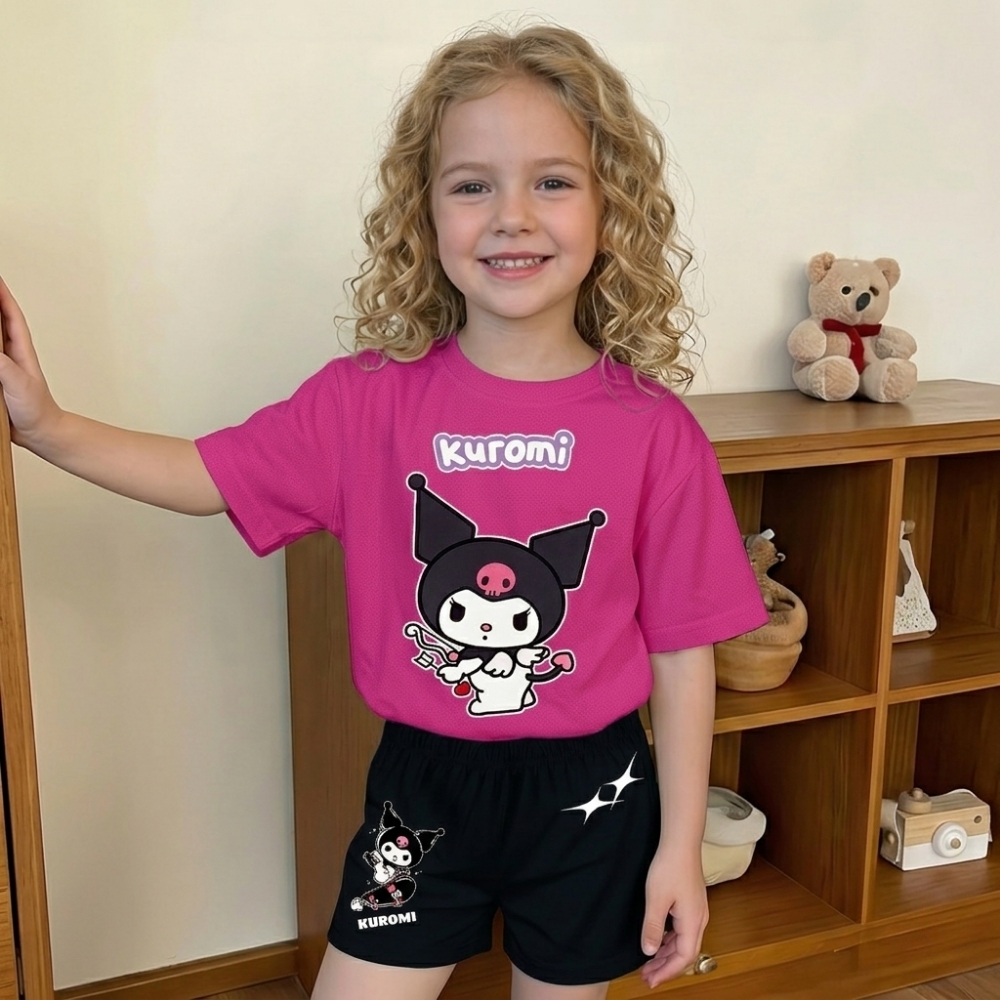 Kuromi Graphic Print T Shirt And Shorts Outfit Set For Girls