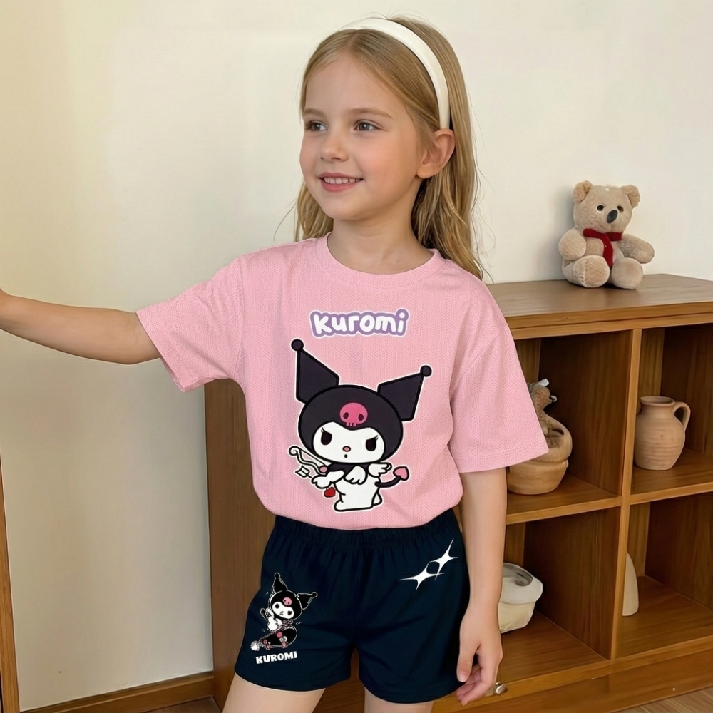Kuromi Graphic Print T Shirt And Shorts Outfit Set For Girls