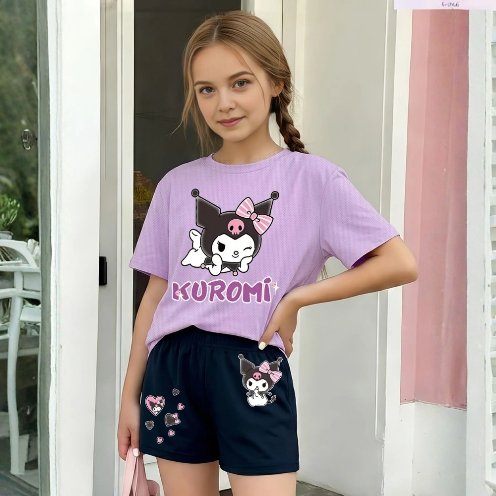 Kuromi Graphic Themed Mesh T Shirt And Shorts Outfit Set For Girls