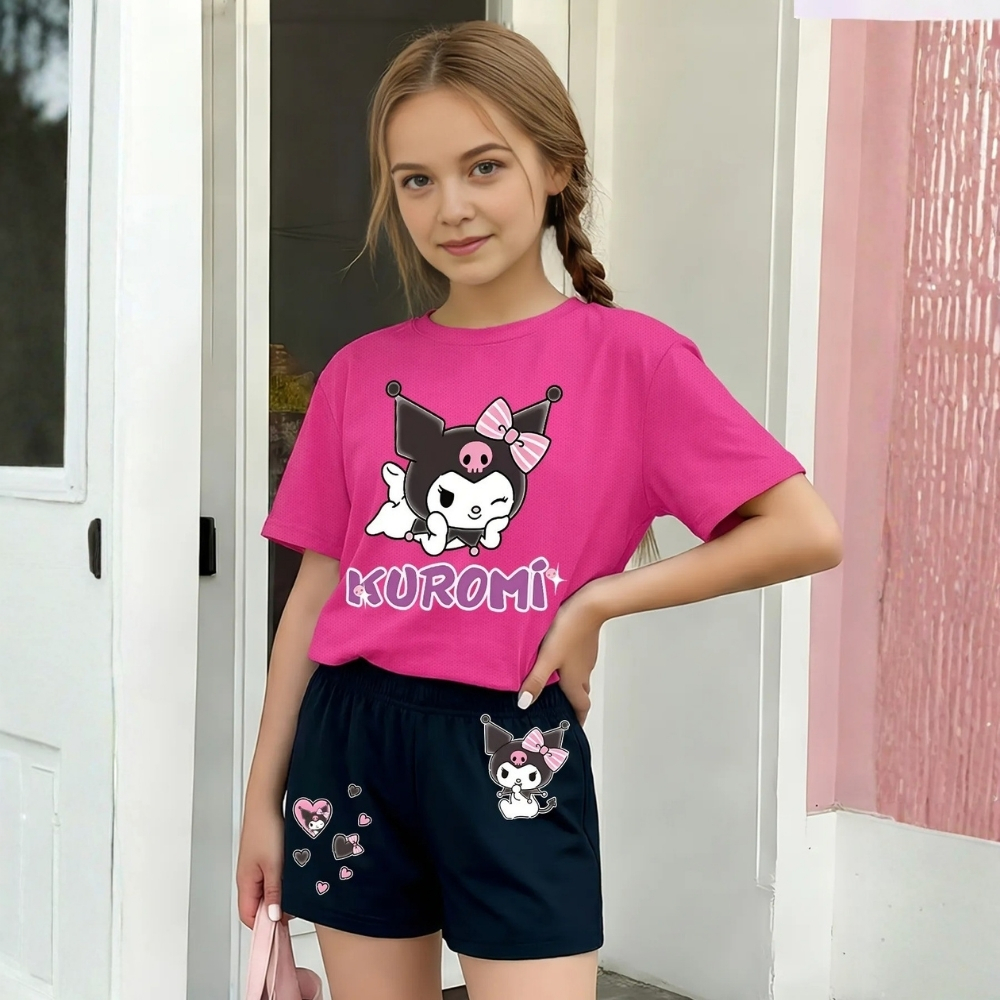 Kuromi Graphic Themed Mesh T Shirt And Shorts Outfit Set For Girls