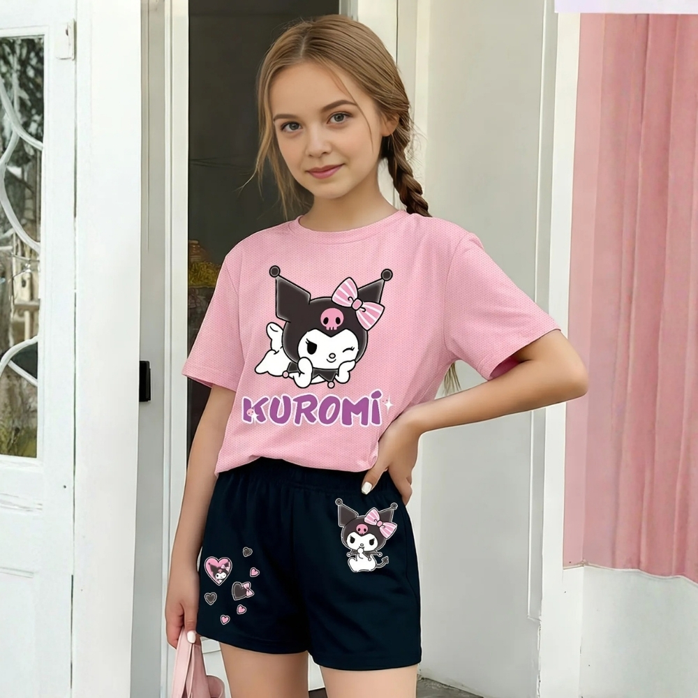 Kuromi Graphic Themed Mesh T Shirt And Shorts Outfit Set For Girls