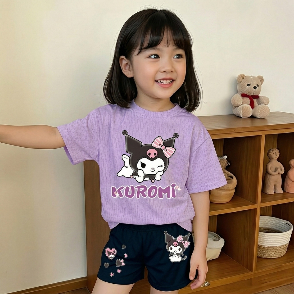 Kuromi Graphic Themed Mesh T Shirt And Shorts Outfit Set For Girls