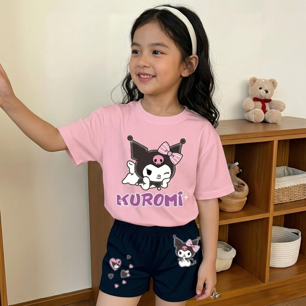 Kuromi Graphic Themed Mesh T Shirt And Shorts Outfit Set For Girls
