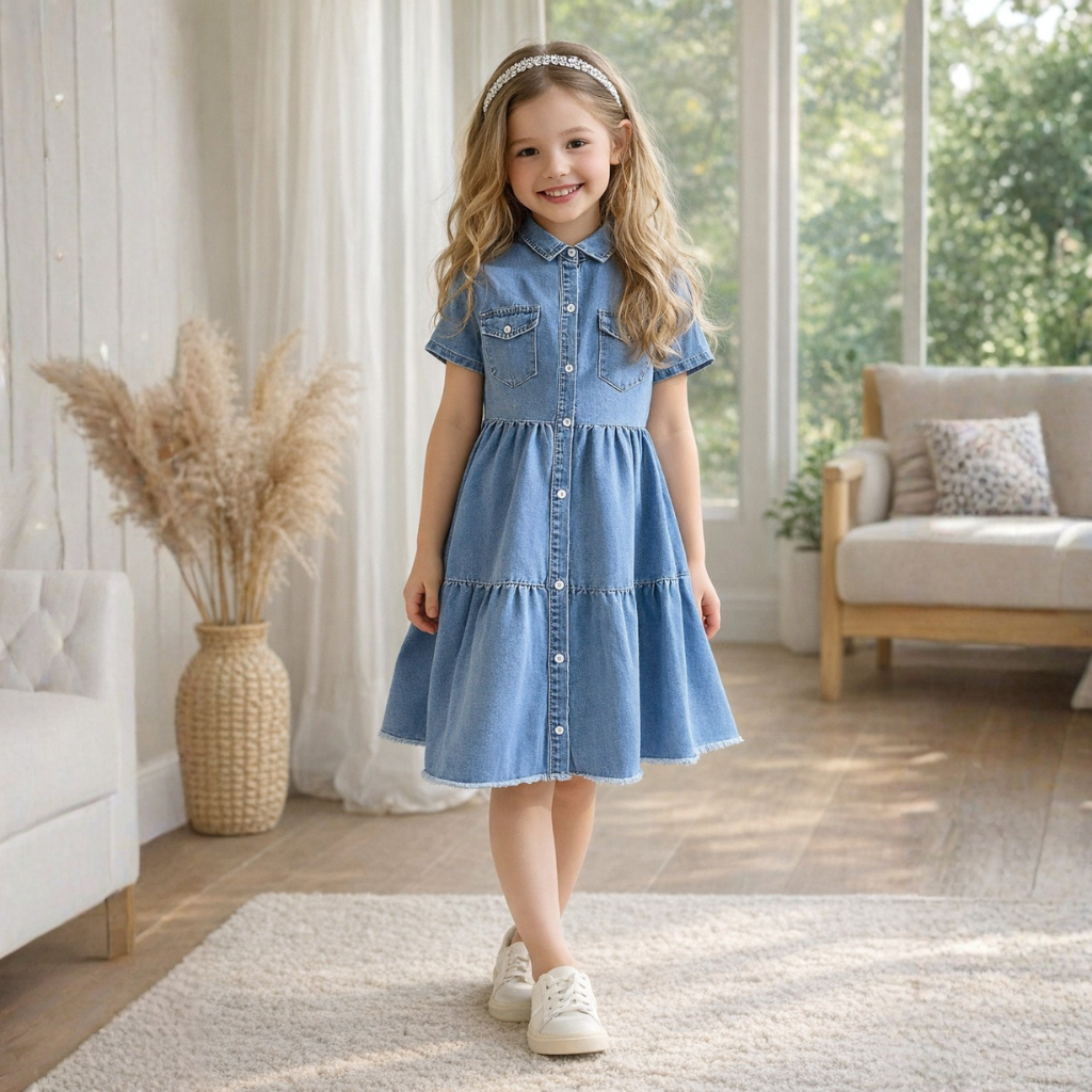 Casual Denim Dress With Short Sleeve And Button Detail For Girls