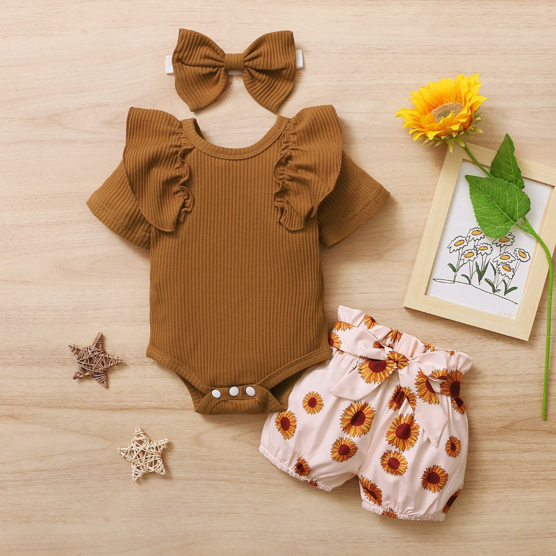 Newborn Baby Girl Short Ruffled Sleeve 3 Pcs Clothes Set