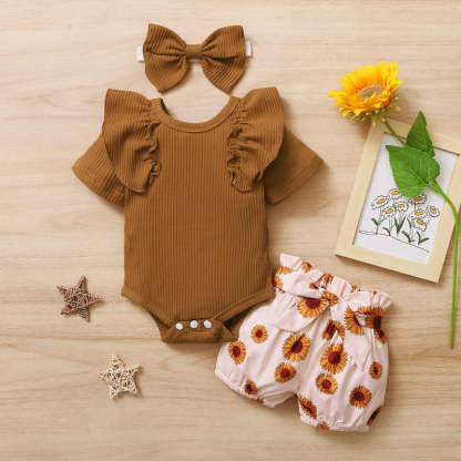 Newborn Baby Girl Short Ruffled Sleeve 3 Pcs Clothes Set