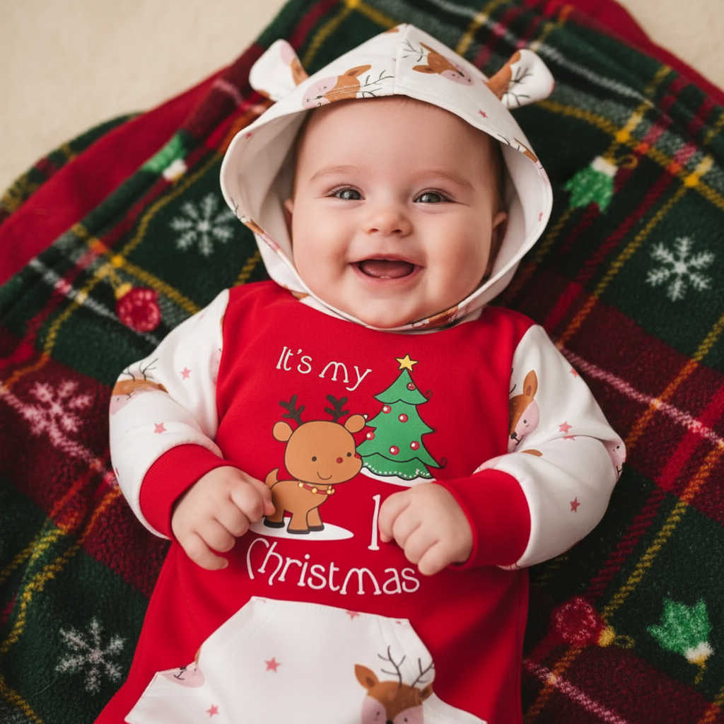 Its My 1st Christmas Reindeer Hooded Bodysuit for Baby Boys and Girls