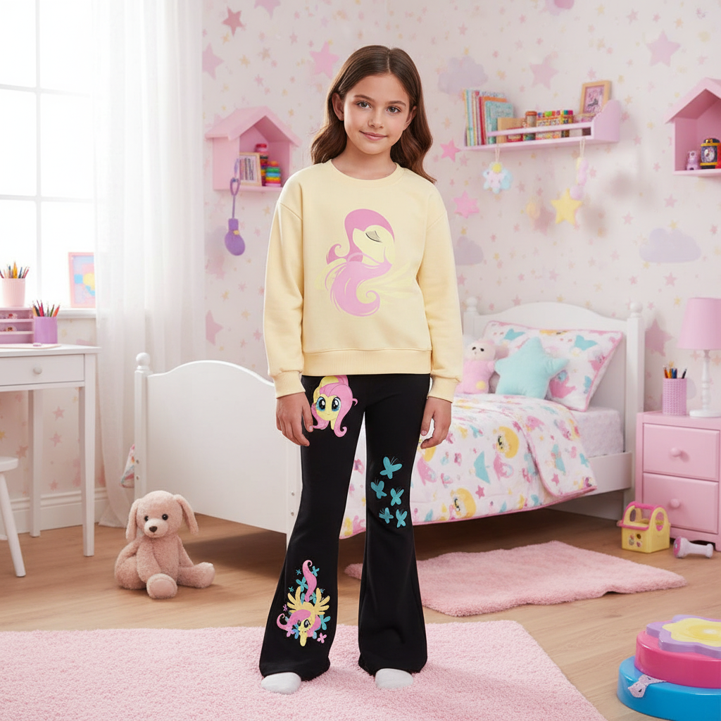 Fluttershy Graphic Print Sweatshirt And Flared Pants Set For Girls