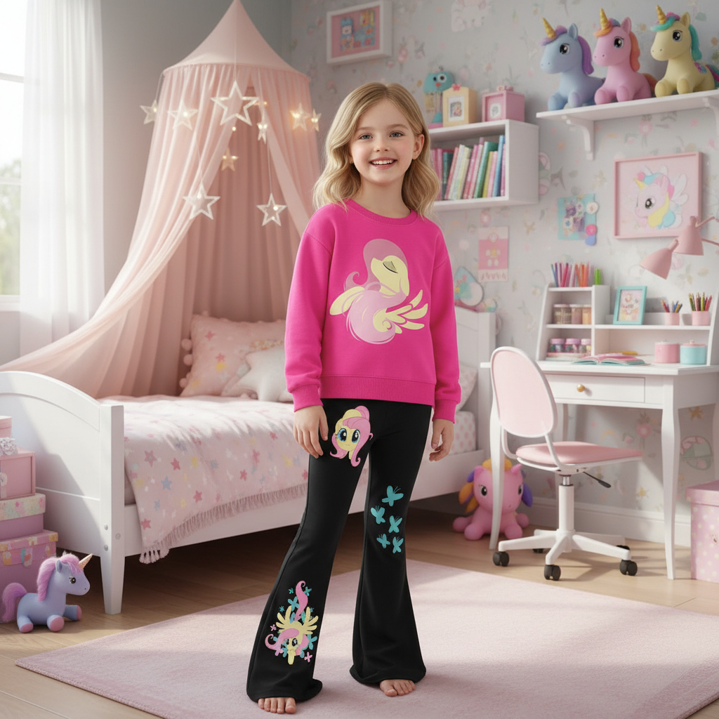 Fluttershy Graphic Print Sweatshirt And Flared Pants Set For Girls